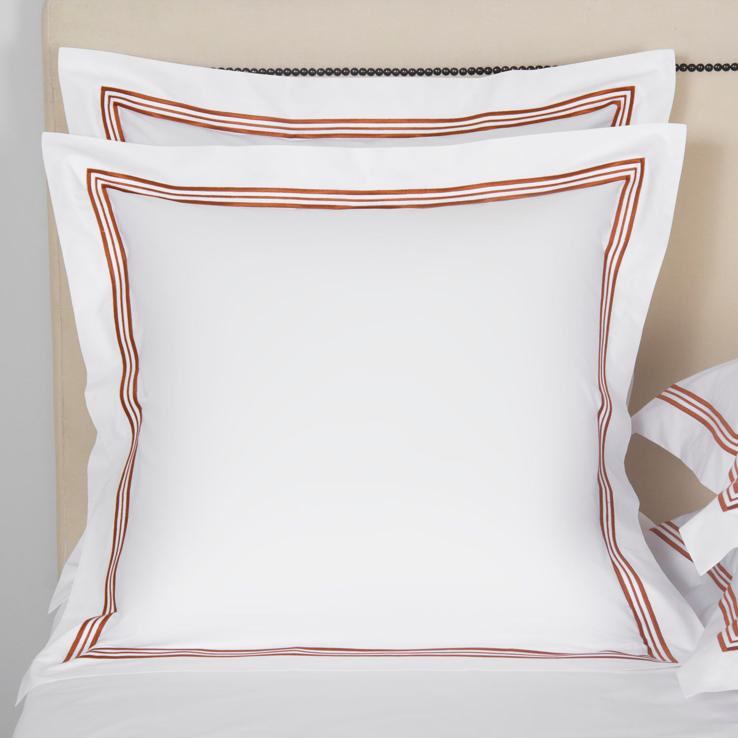 Frette White/Dark Orange Triplo Bourdon Sham In Size Euro, Cotton Poplin | Made In Italy