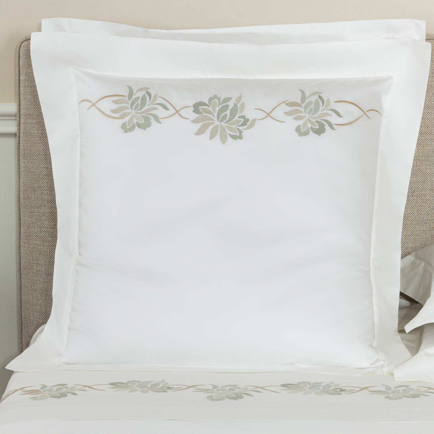 Frette Lotus Flower Embroidered Euro Sham In Milk/Celadon Green Size Euro 65, Cotton Sateen/Silk | Made In Italy