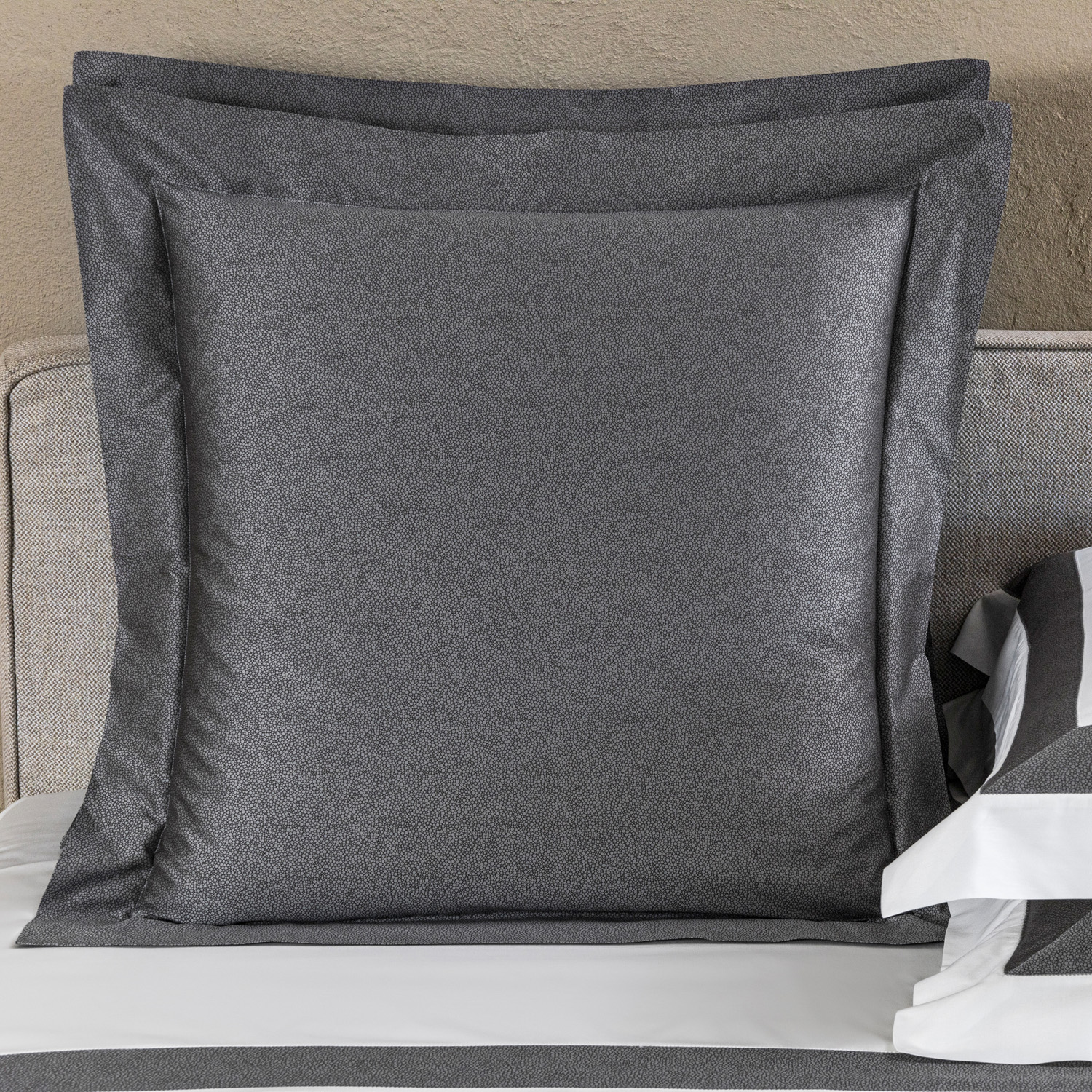 Frette Grey/Brown Forever Euro Sham In Size Euro 65, Cotton Sateen/Silk/Leather | Made In Italy