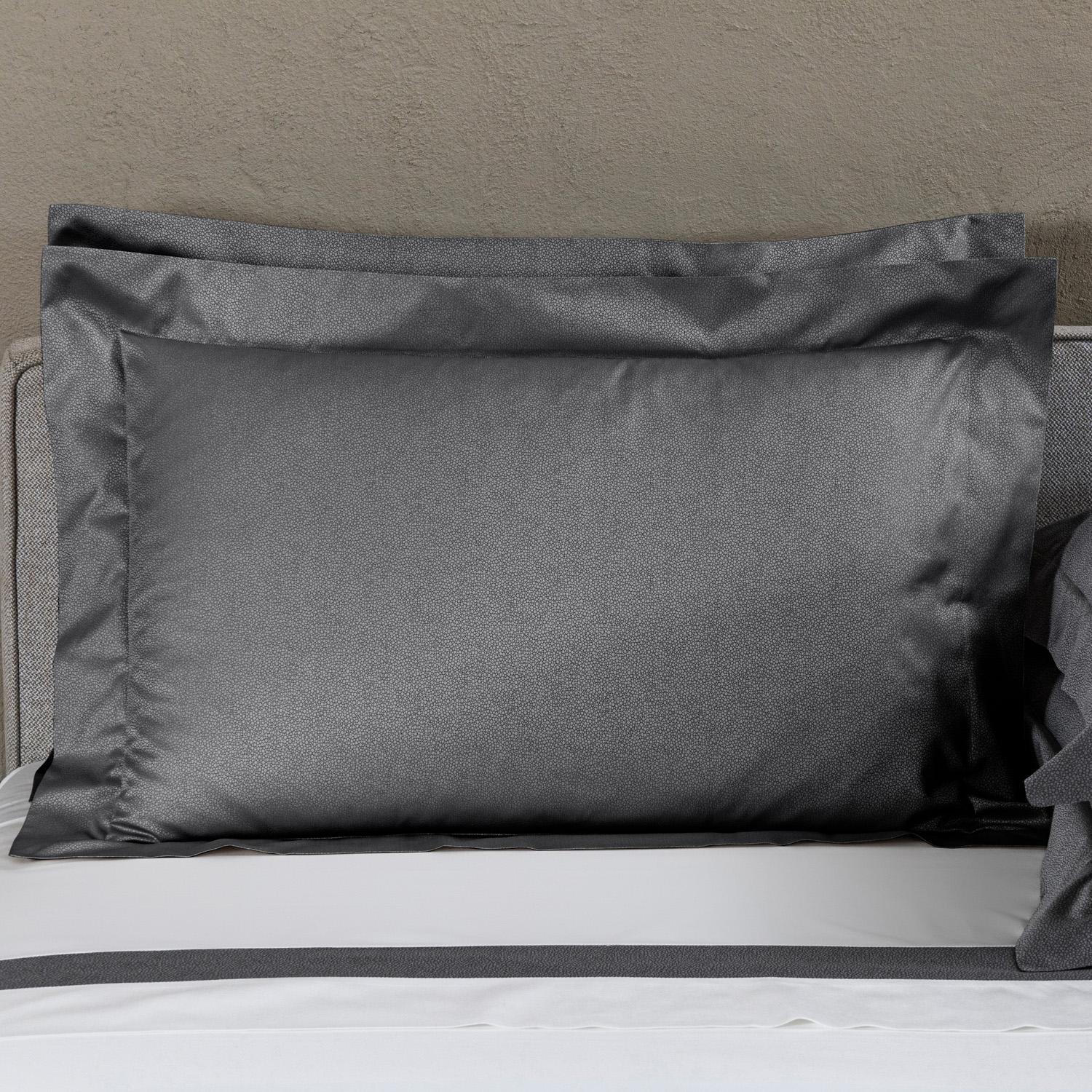Frette Grey/Brown Forever Sham In Size Oxford, Cotton Sateen/Silk/Leather | Made In Italy