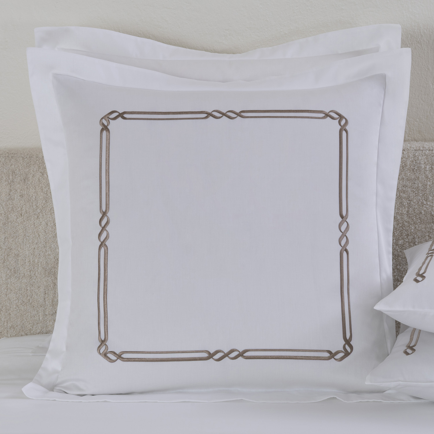 Frette Frame Embroidery Euro Sham In White/Argil Size Euro 65, Cotton | Made In Portugal