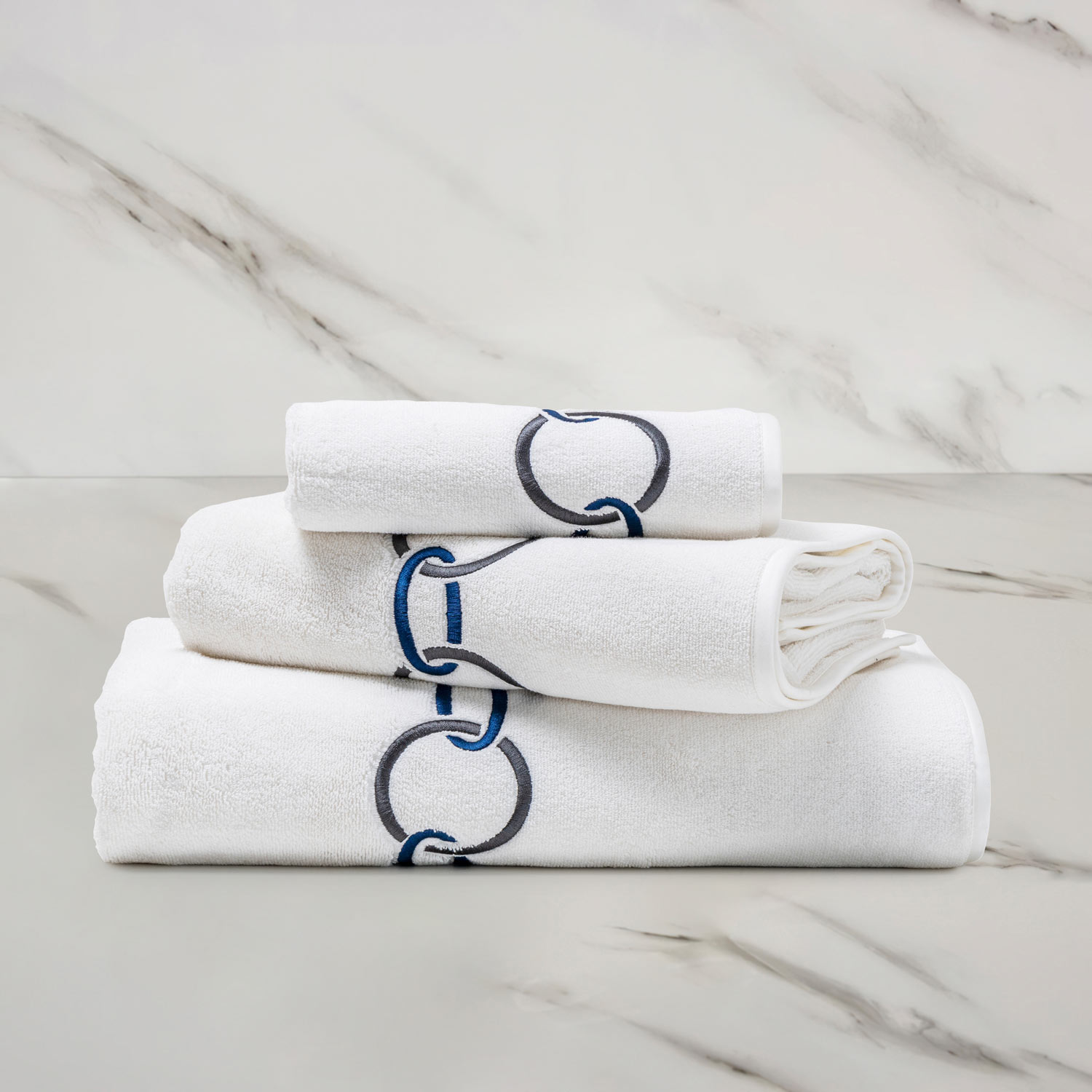 Frette Links Embroidered Hand Towel In Storm Grey/Midnight Blue, Cotton Sateen