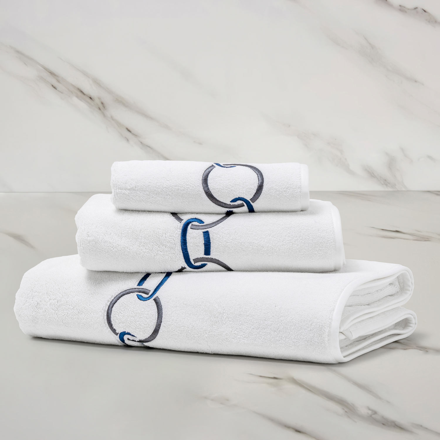Frette Links Embroidered Bath Sheet In Storm Grey/Midnight Blue, Cotton Sateen | Made In Italy