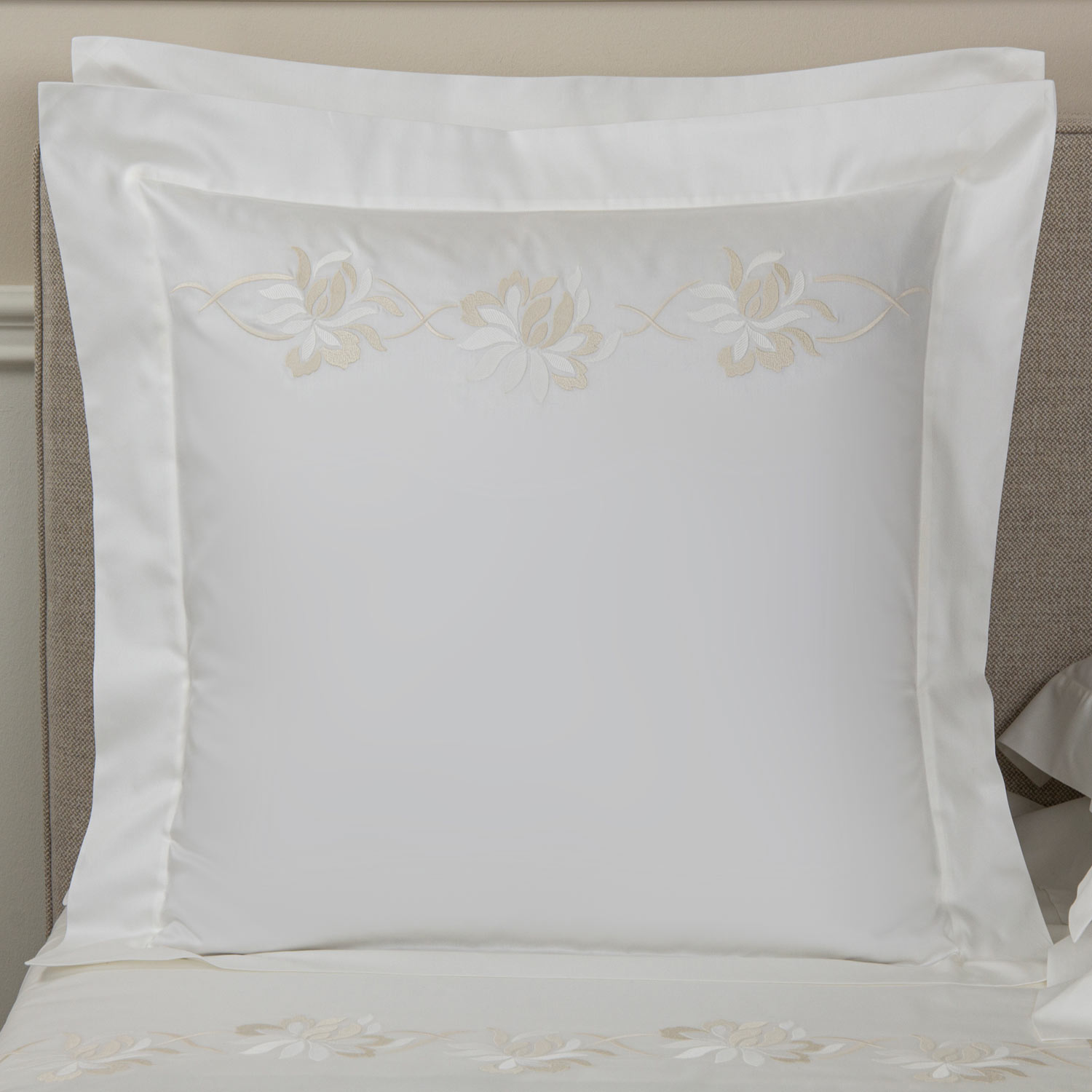 Frette Lotus Flower Embroidered Euro Sham In Milk Size Euro 65, Cotton Sateen/Silk | Made In Italy
