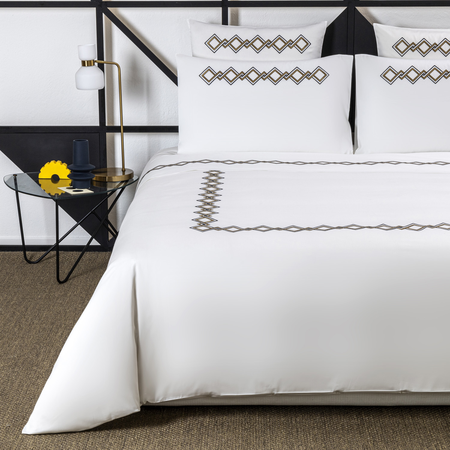 Frette Twist Embroidery Duvet Cover In Black/Teak Size King, Cotton Sateen | Made In Italy