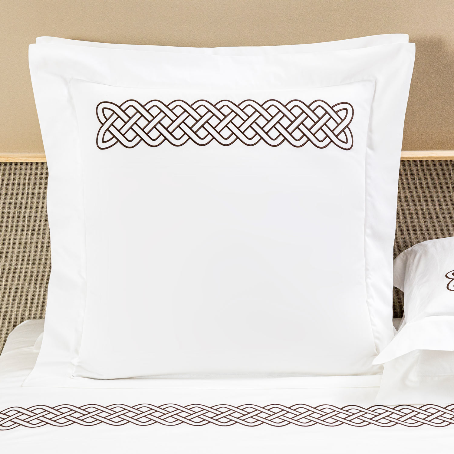 Frette Intreccio Embroidery Euro Sham In Milk Umber Brown Size Euro 65, Cotton Sateen | Made In Italy
