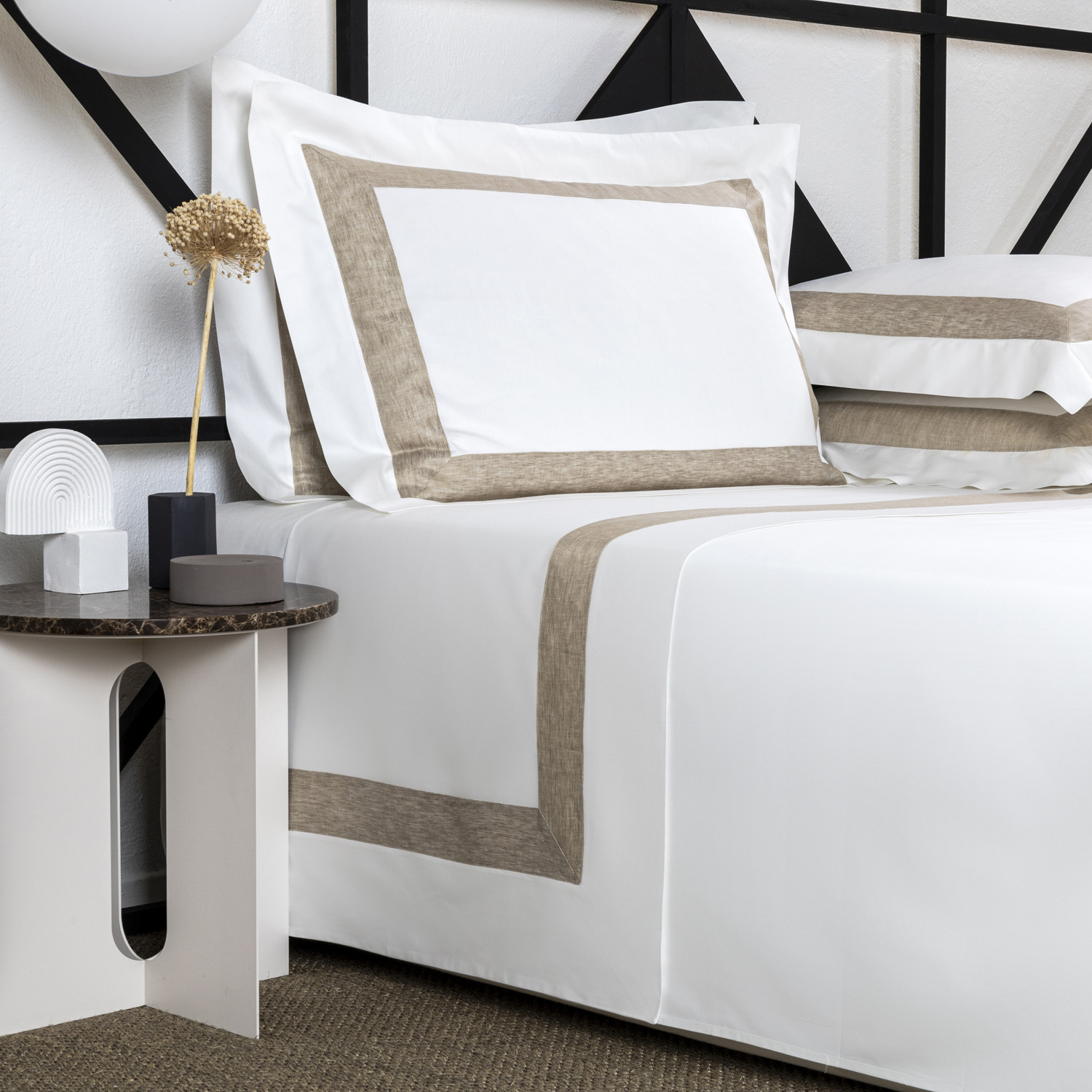 Frette Breeze Border Sheet Set In Milk/Natural Size Double, Cotton Sateen/Linen | Made In Italy