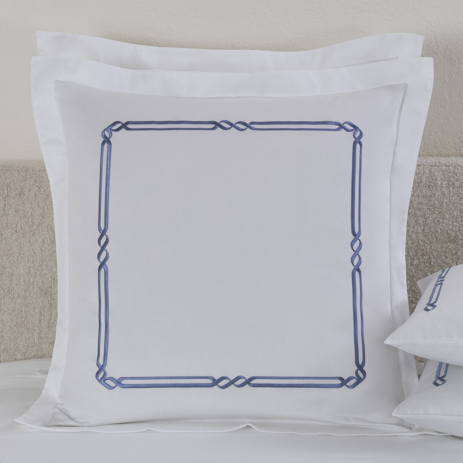 Frette White/Skyblue Frame Embroidery Euro Sham In Size Euro 65, Cotton | Made In Portugal